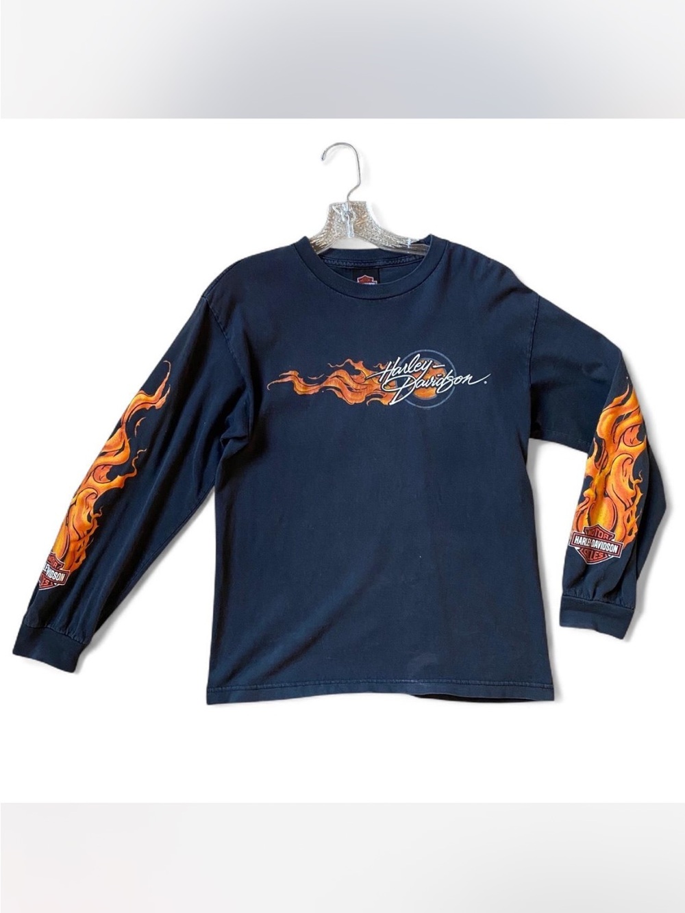 Harley-Davidson Vintage Black Long-Sleeve Tee with Orange Flame Sleeves